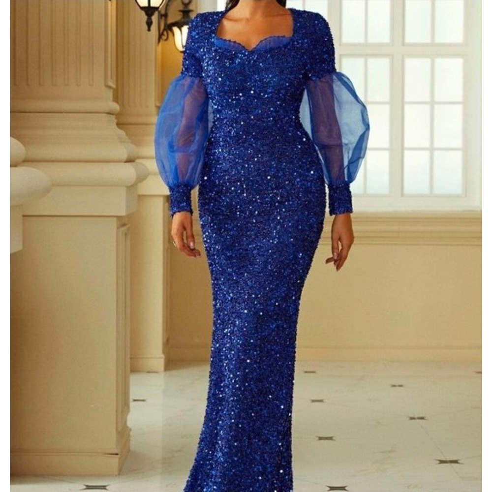 Miss Ord Royal Blue Sequin Mermaid Maxi Dress Sheer Puff Sleeve Formal Gown‎ XL